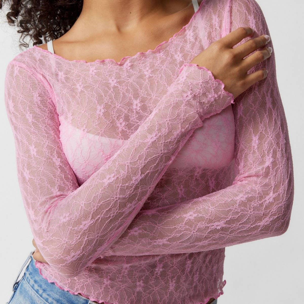 SEMI SHEER MESH LACE T-SHIRT SLIM-FIT CROPPED TOP