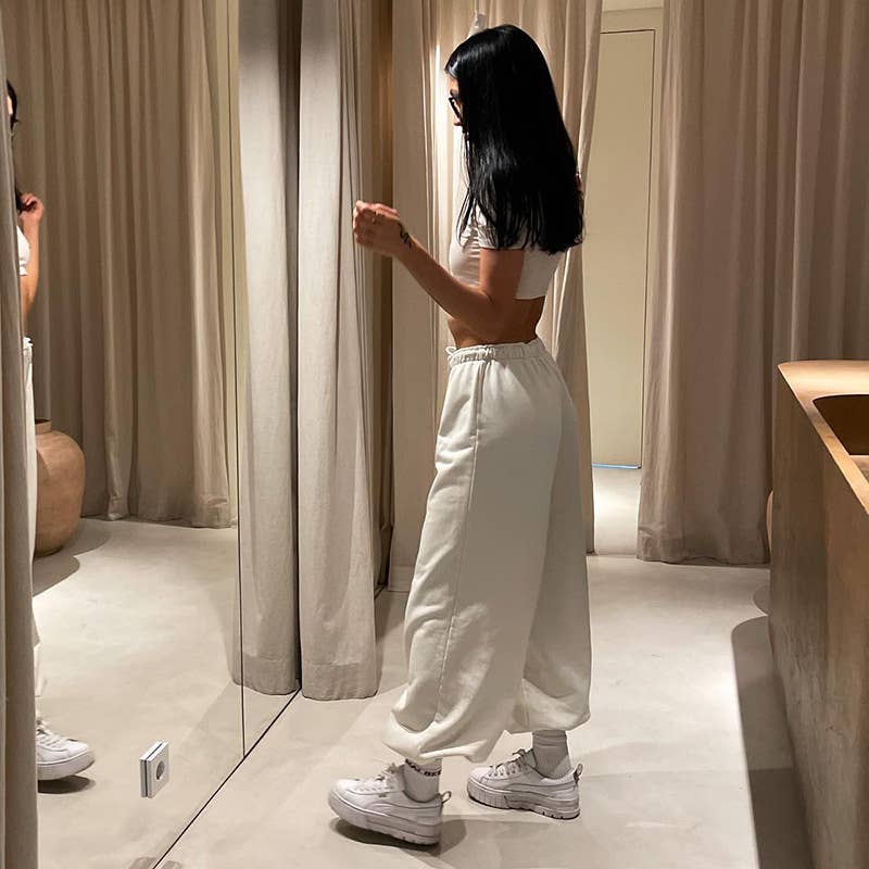 SOLID COLOR LOW-RISE LANTERN WIDE-LEG PANTS