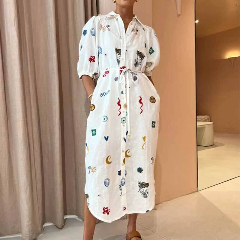Print lapel long waistband blouse dress