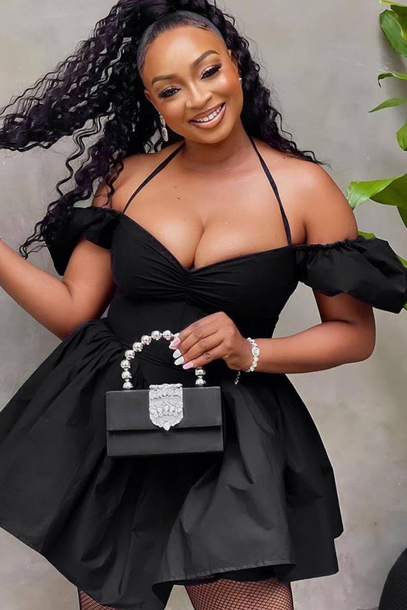 CWDSD6714_OFF-SHOULDER HALTERNECK DRESS WITH PUFF SLEEVES