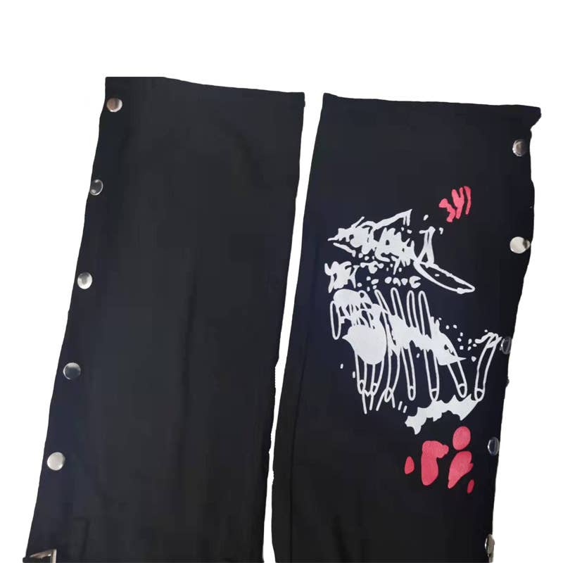 Printed metal buckle drape denim trousers