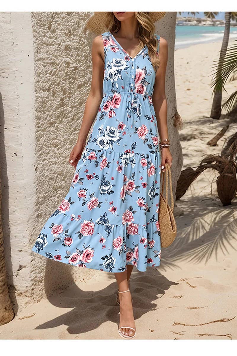 CWDMD1872_V-NECK SLEEVELESS LAYERED PRINT MIDI DRESS