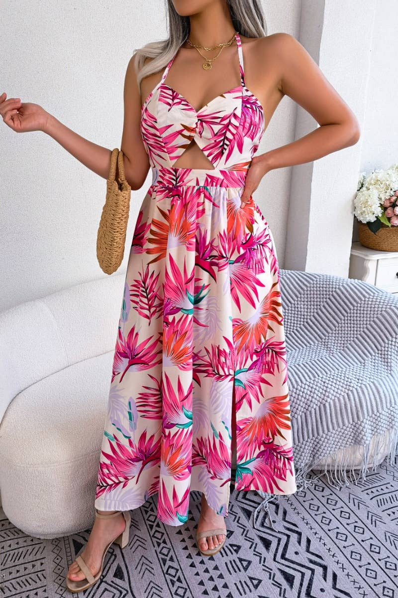 CWDHL0512_PRINT HOLLOWED-OUT BEACH HALTER DRESS LONG