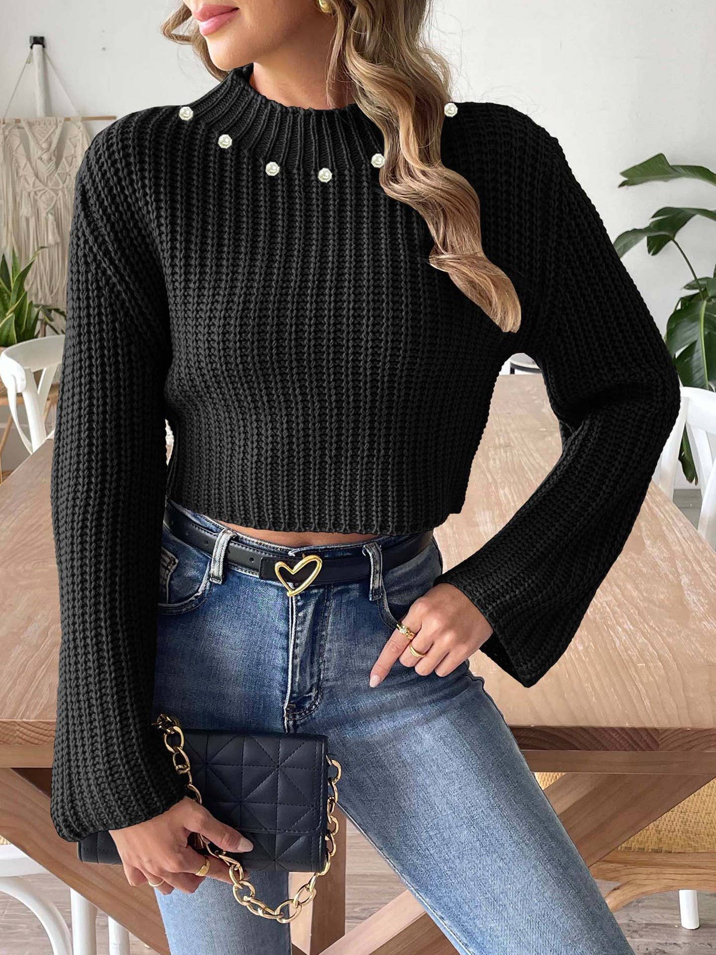 SWEATER WITH FLARED SLEEVES AND HALF TURTLENECK