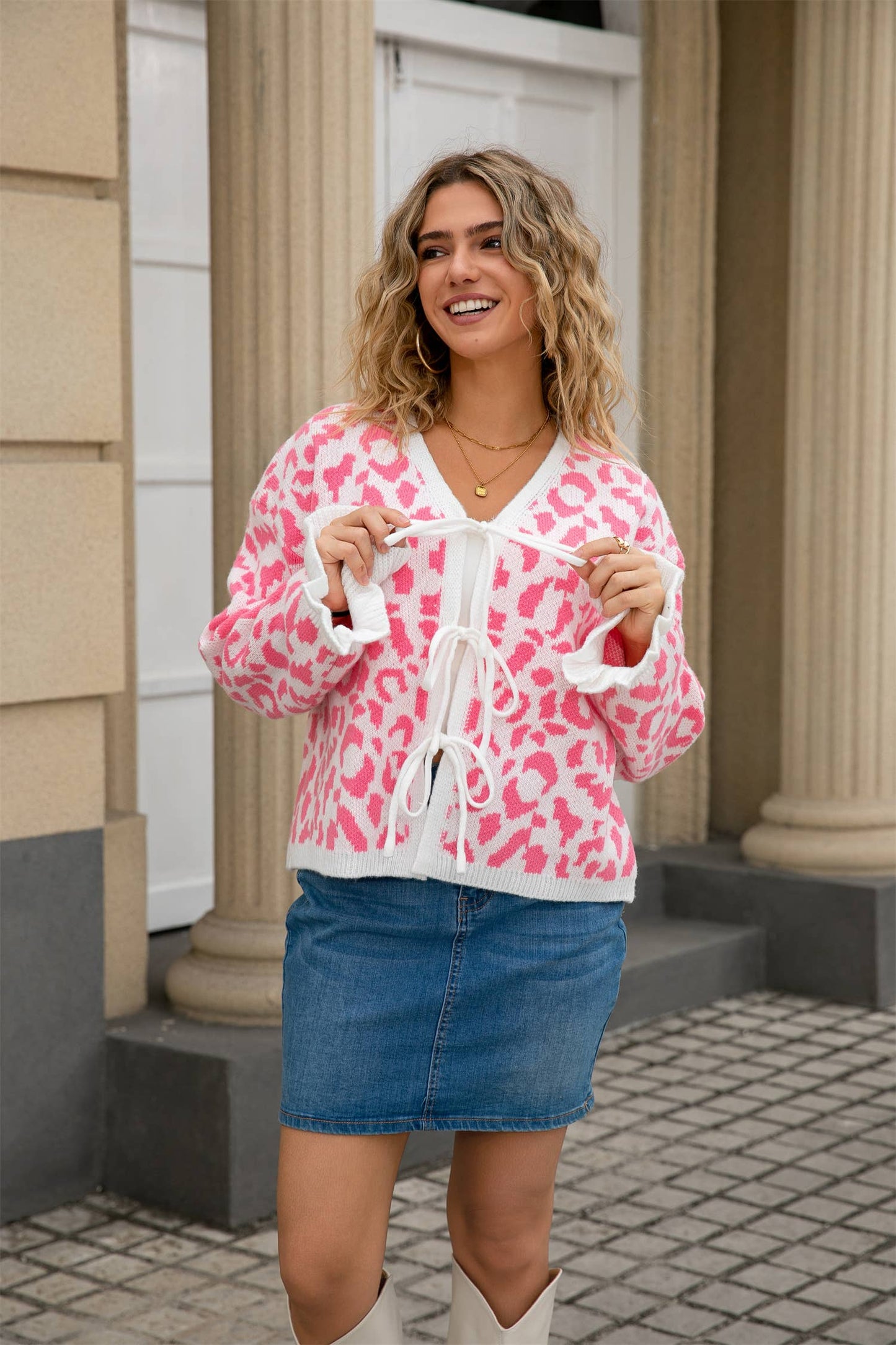 Leopard loose long-sleeved lace-up cardigan