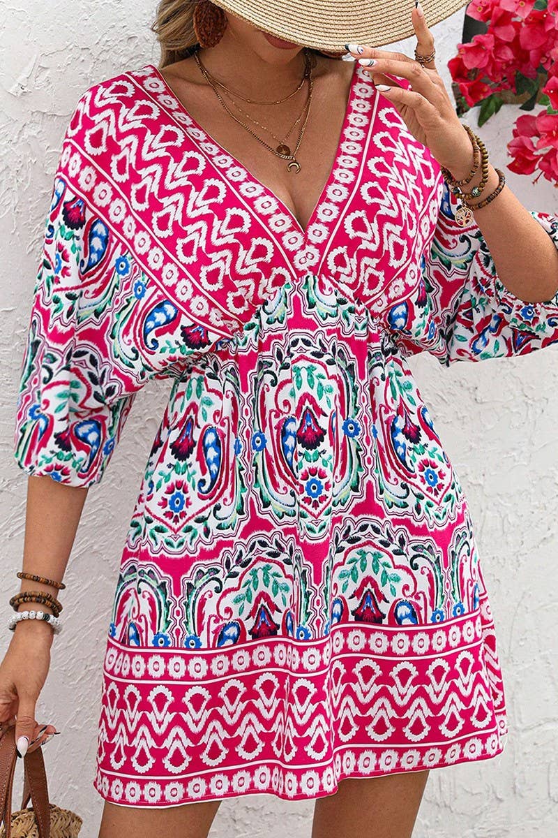 CWDSD7863_BOHEMIAN V-NECK PRINTED SHORT SLEEVE DRESS