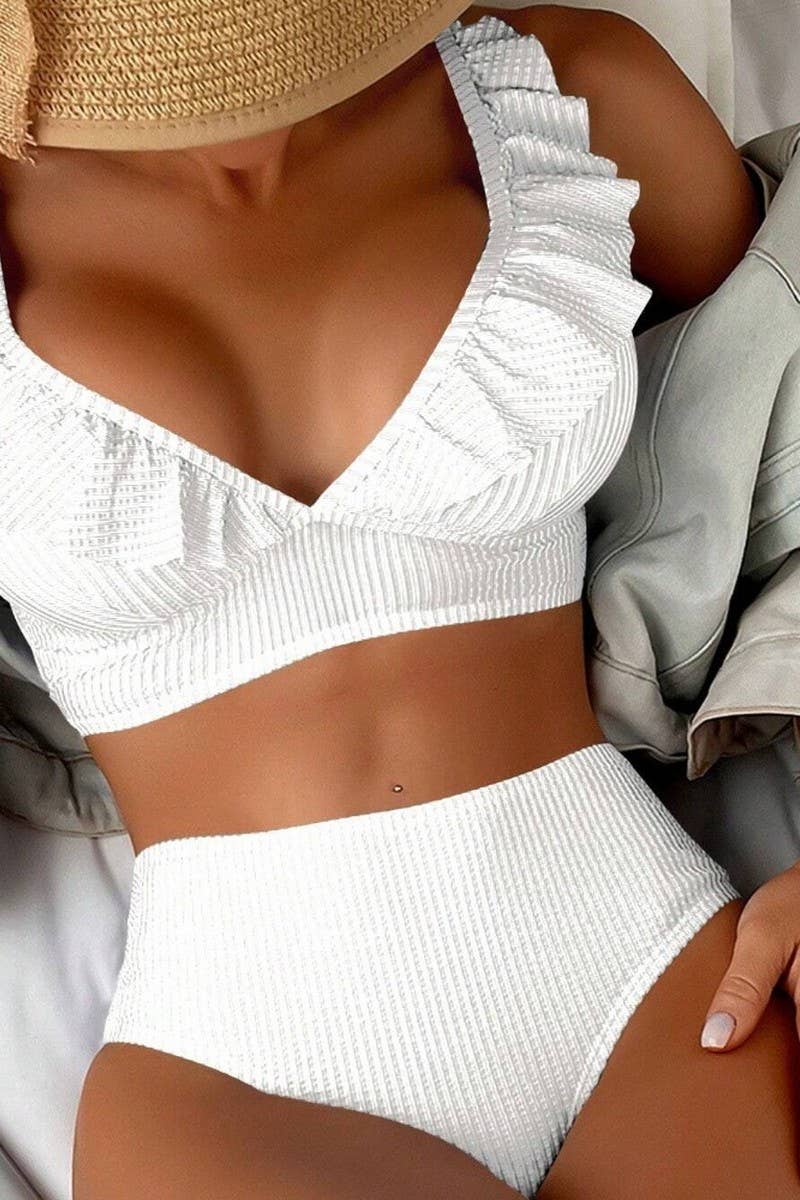 CWMW0898_STRIPED HIGH WAIST V-NECK RUFFLED BIKINI SWIMSUIT