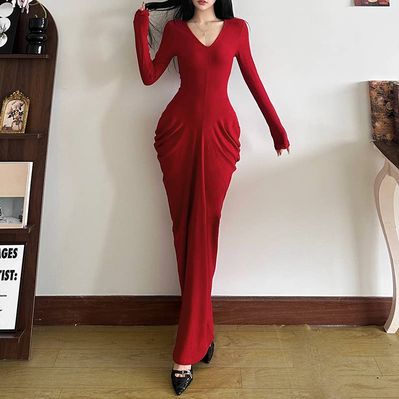 SEXY V-NECK HIGH-WAISTED SLIM DRESS WITH HIP WRAP
