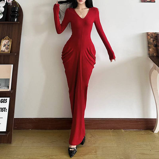 SEXY V-NECK HIGH-WAISTED SLIM DRESS WITH HIP WRAP