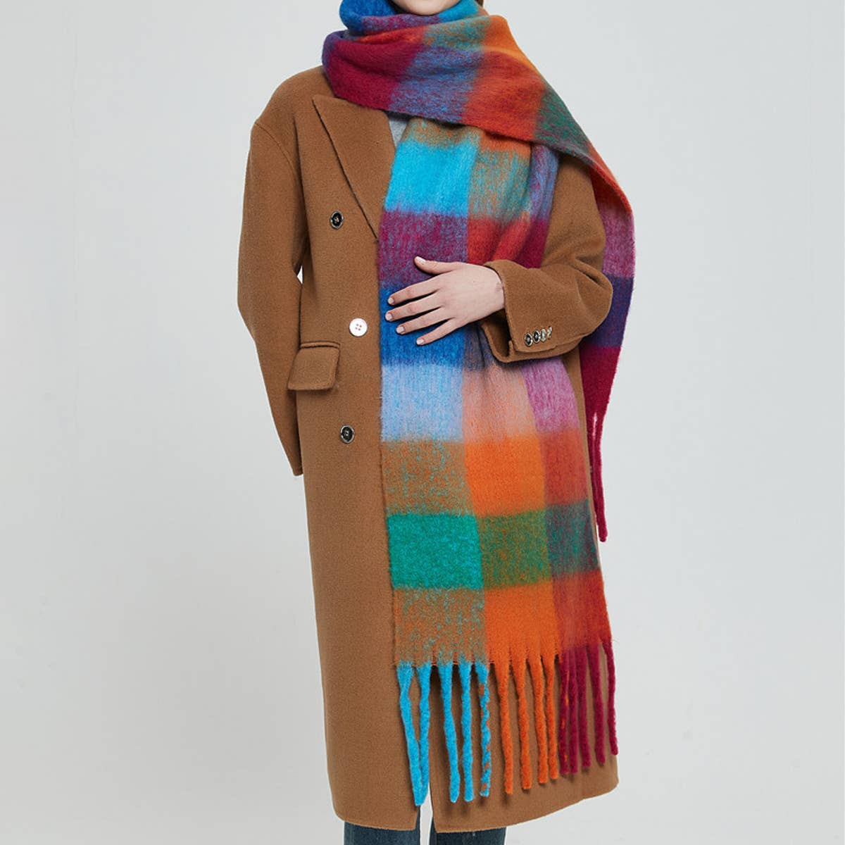 Rainbow Plaid Fuzzy Scarf--Thick Winter Shawl Wrap_CWASC1051