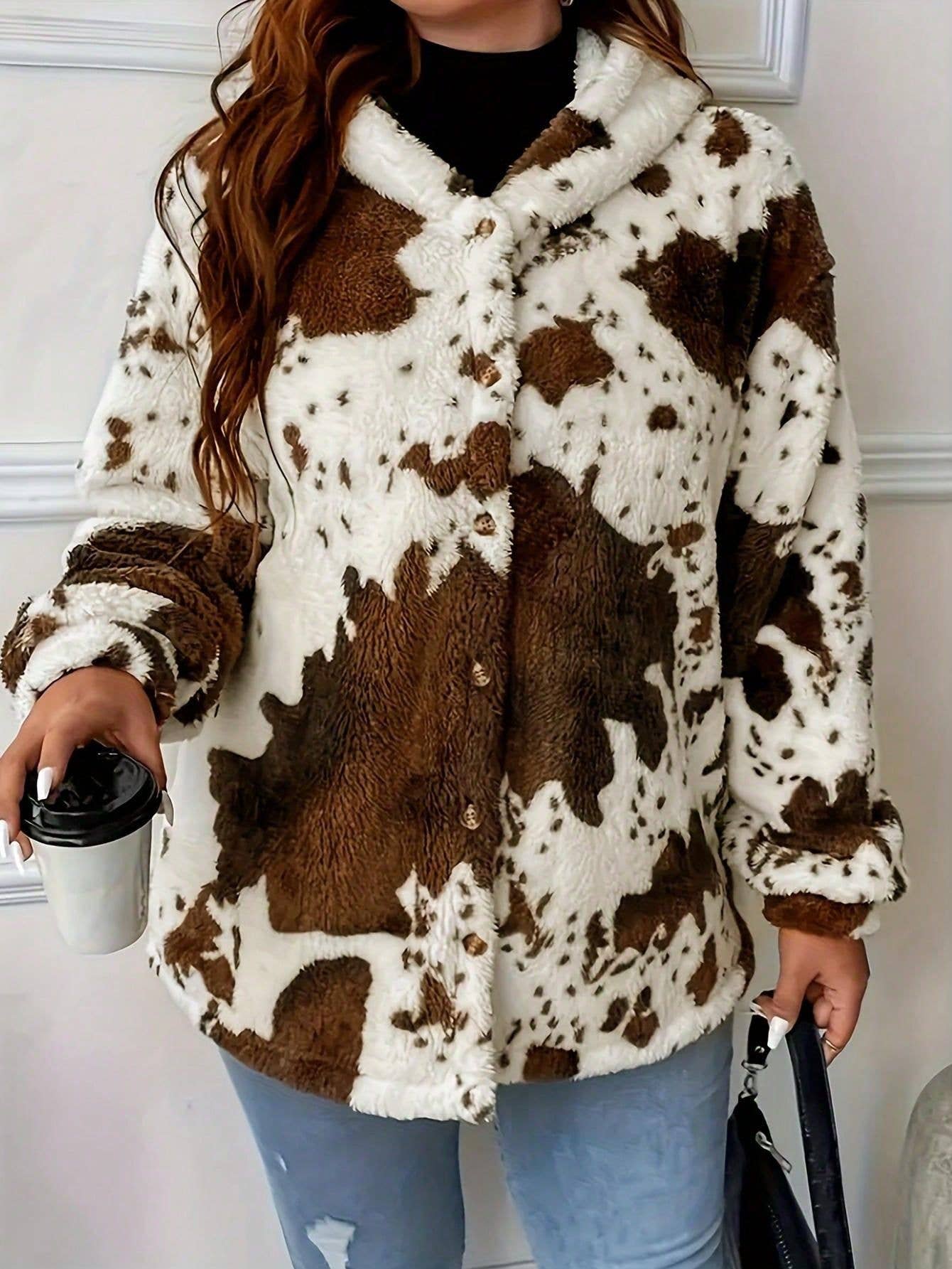 FASHION PLUSH FEMALE COW PRINT ZIPPER HOODIE