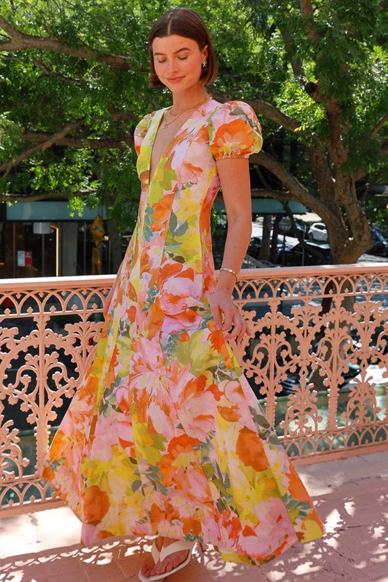 CWDMD6316_LOW-CUT V-NECK STRIPED PUFF SLEEVE SWING DRESS