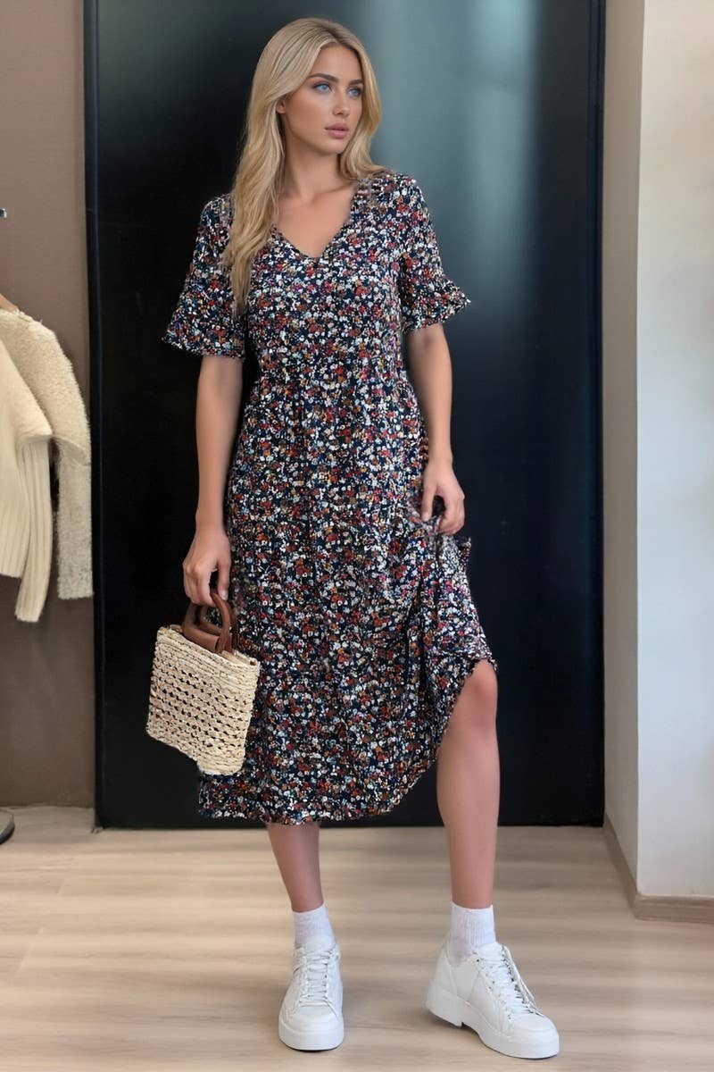 CWDMD6456_V-NECK ELEGANT HIGH WAIST CASUAL DRESS