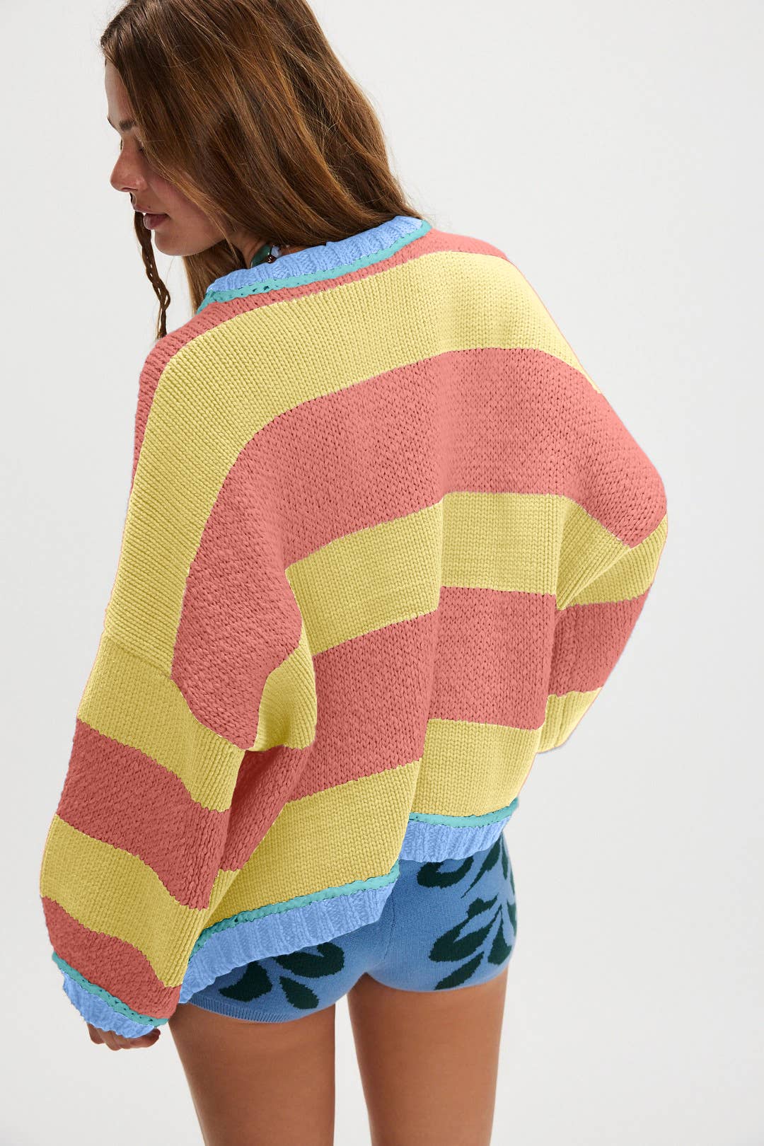Knitted loose color-blocking striped sweater