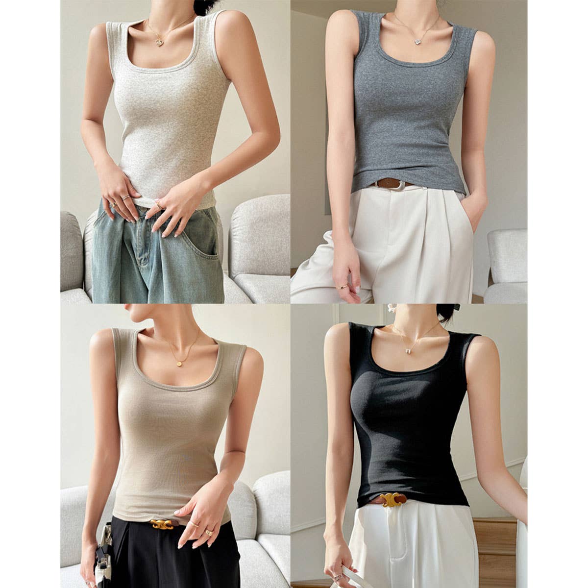 Basic Cotton Camisole Tank Tops With Built In Bra_CWTTK0795