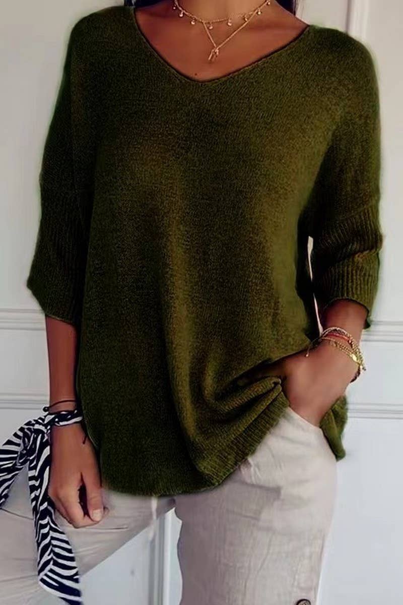 CWOSWL07659_V-NECK SOLID COLOR KNITTED BOTTOMING TOP