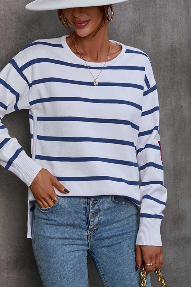 Striped elbow love crew-neck pullover sweater