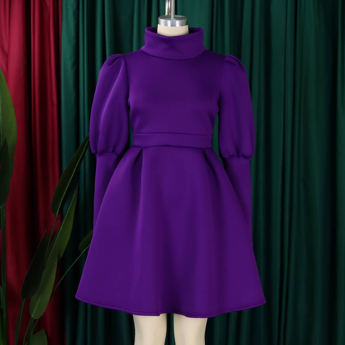 TEMPERAMENT HIGH COLLAR SLIM WAIST A-LINE DRESS