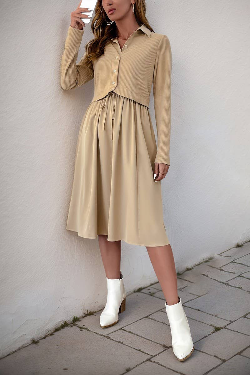 CWDMD4820_SOLID COLOR LAPEL LONG SLEEVE FAKE TWO PIECE DRESS