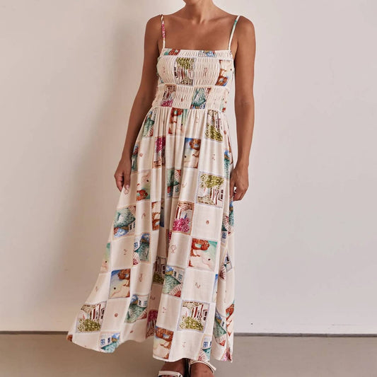 Fashion loose halter print long cable front dress