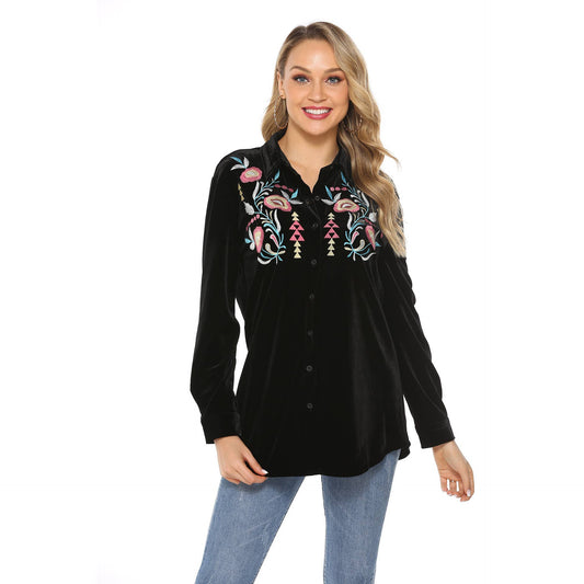 Ethnic-style embroidered lapel shirt