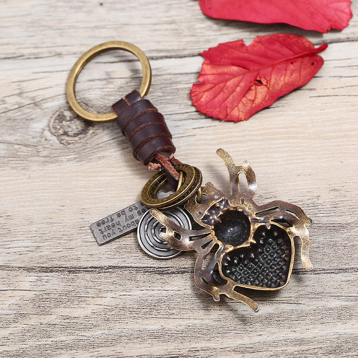 VINTAGE ALLOY SPIDER COWHIDE KEYCHAIN