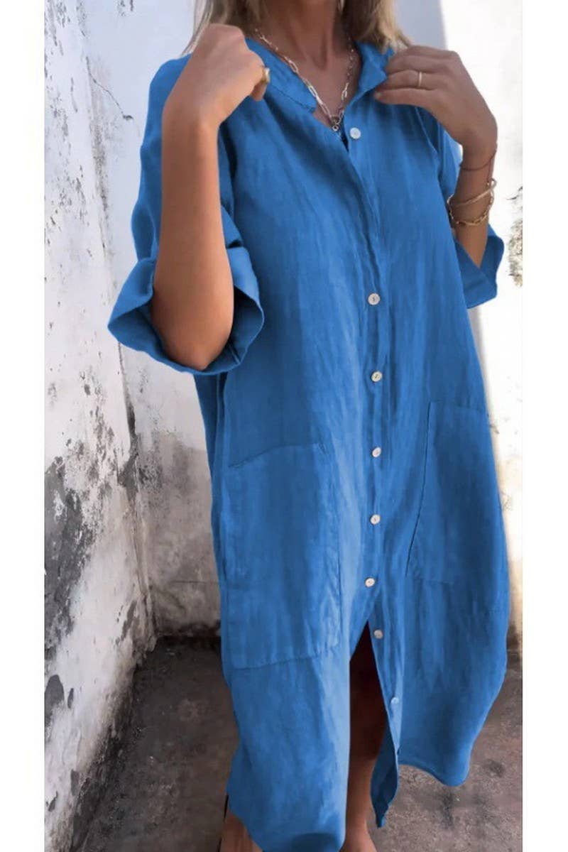 CWDMD01055_SUMMER LOOSE CASUAL MID-SLEEVE SHIRT DRESS