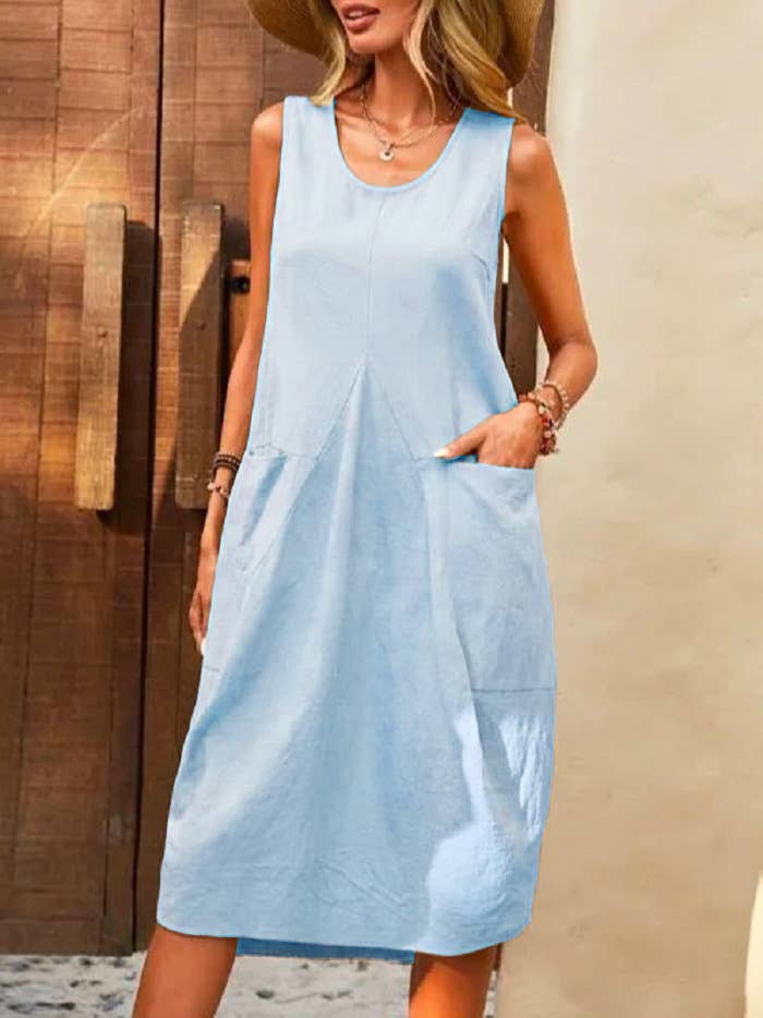 POCKET U-NECK SLEEVELESS CASUAL SIMPLE DRESS