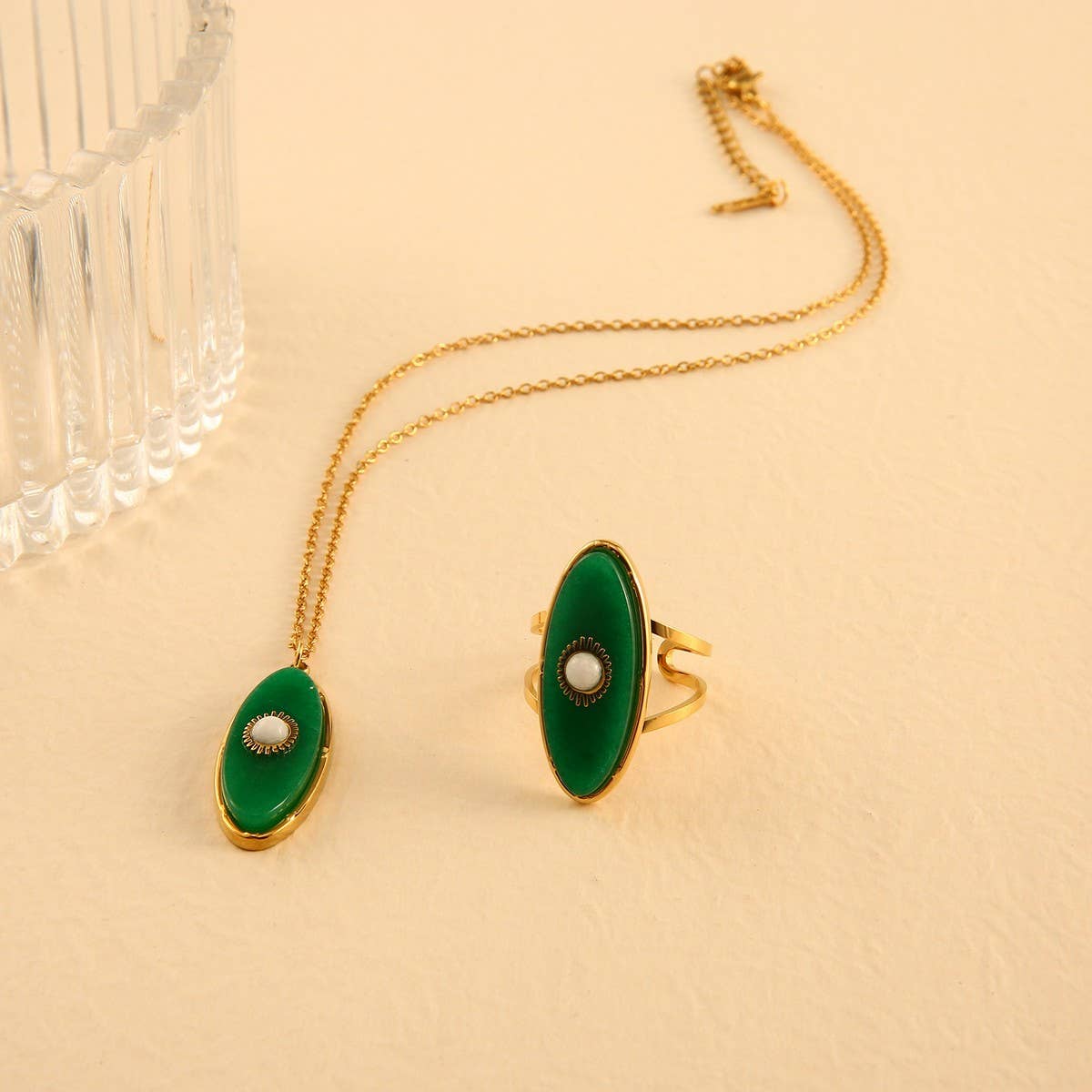 18K Steel Necklace Ring Set with African Jade_CWMM8875