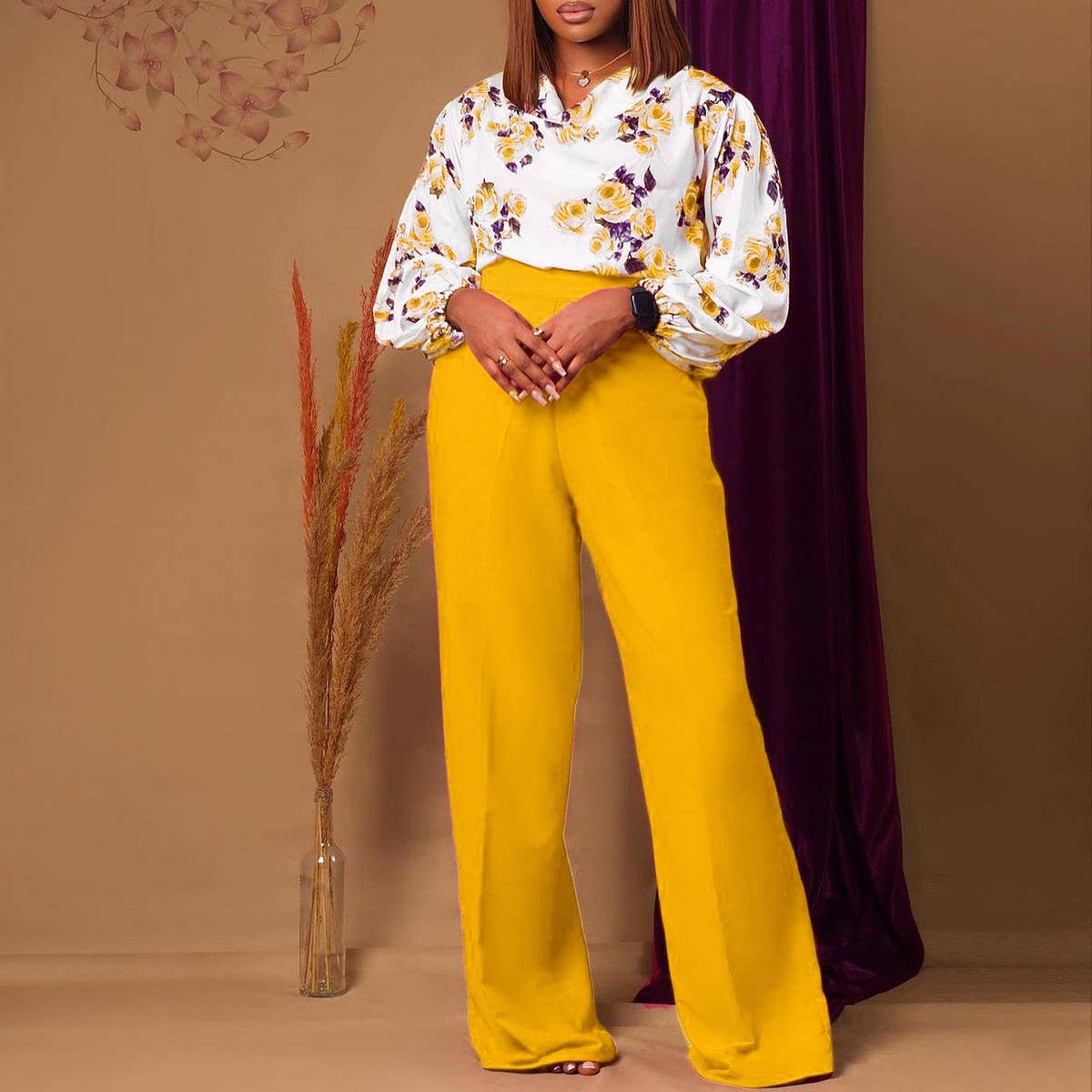 PRINTED TIE TOP AND WIDE-LEG PANTS TWO-PIECE SET_CWSTB1140