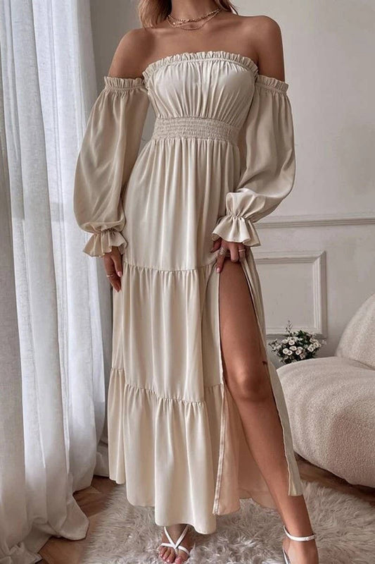 CWDMD5770_OFF-THE-SHOULDER RUFFLED HIGH SLIT DRESS