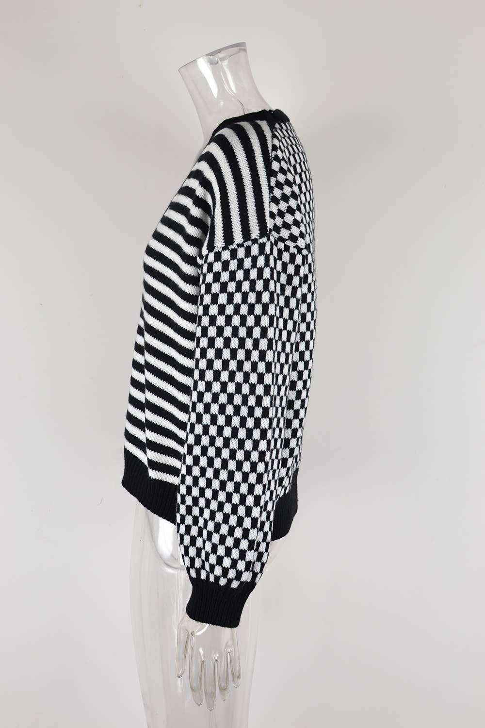 KNITTED PLAID PATCHWORK STRIPED CARDIGAN COAT