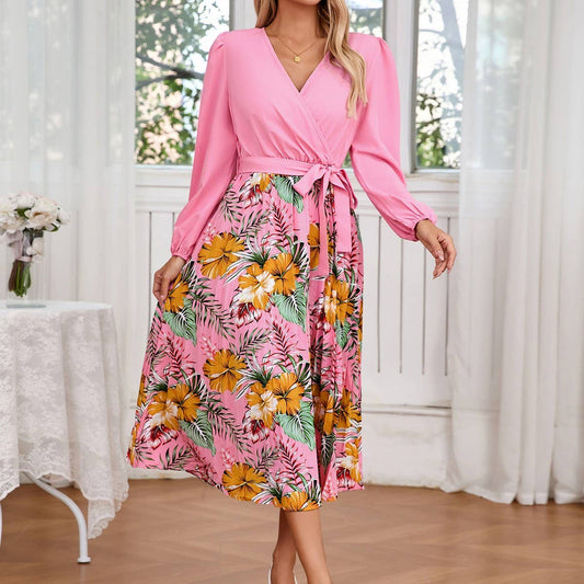 V-neck print long-sleeved pleated dress