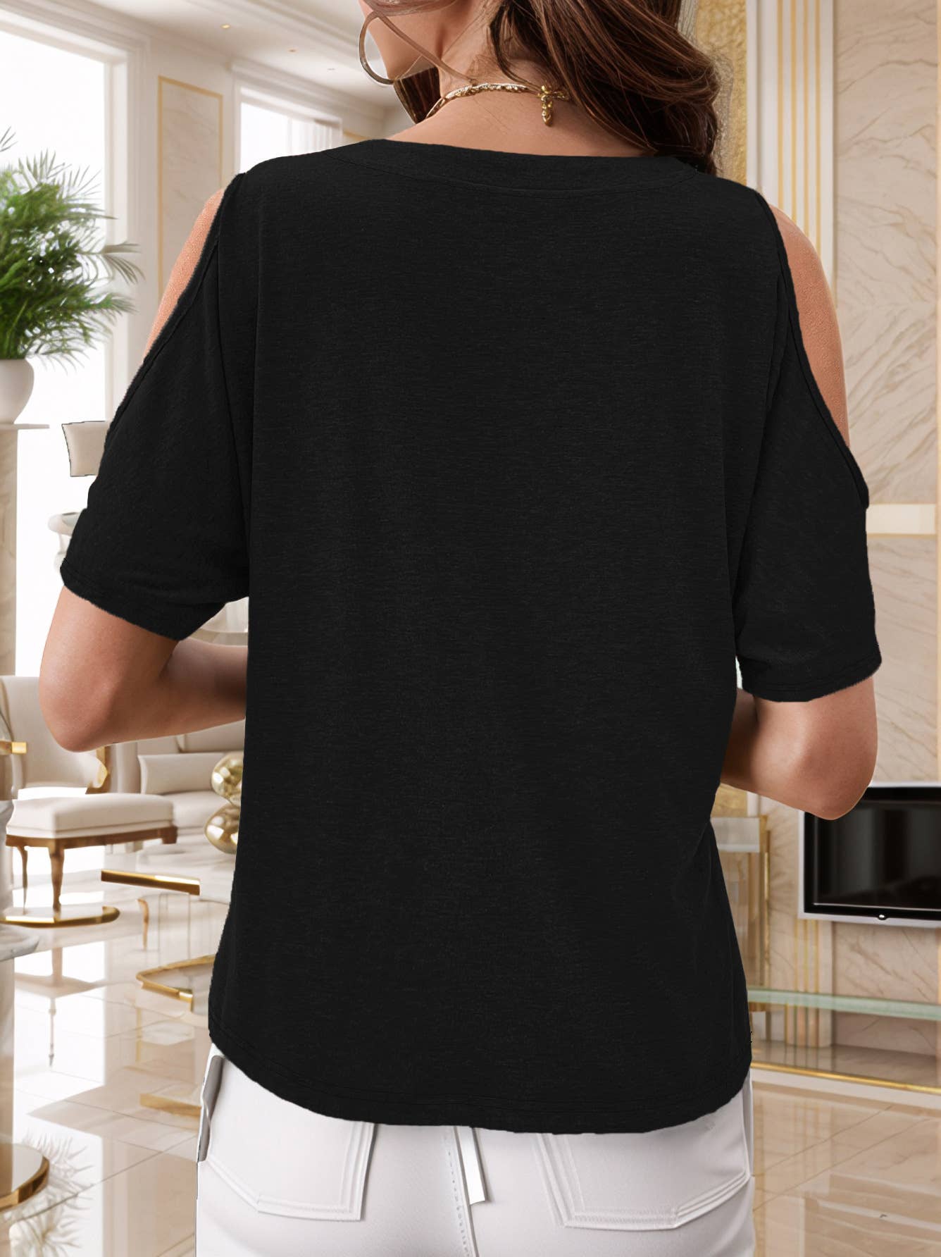 Solid-color off-the-shoulder short-sleeved Top