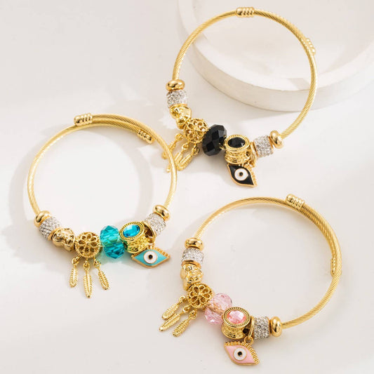 Gold Evil Eye Charm Stainless Steel Bracelet