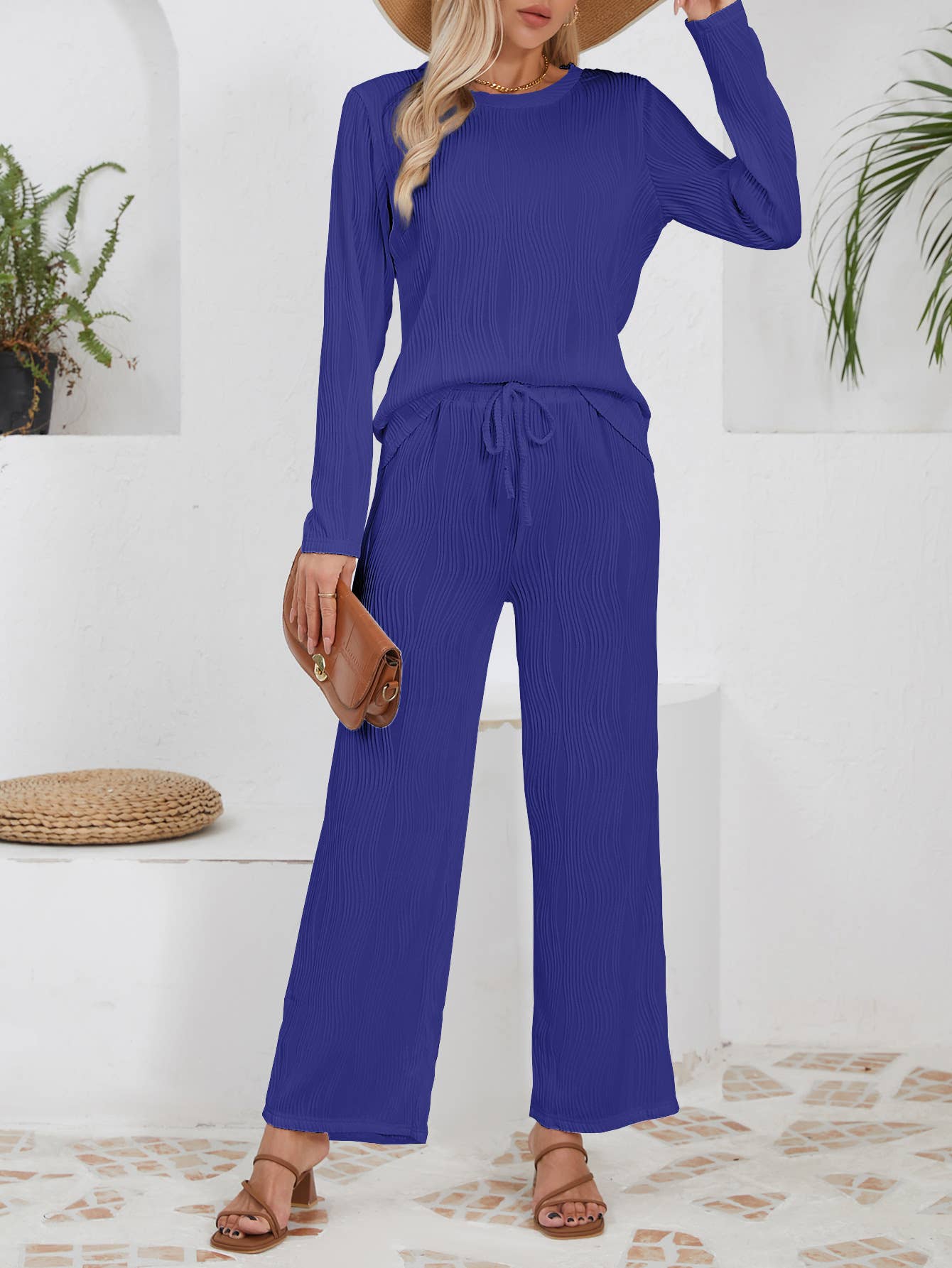 Solid-color knitted jacquard long loose suit