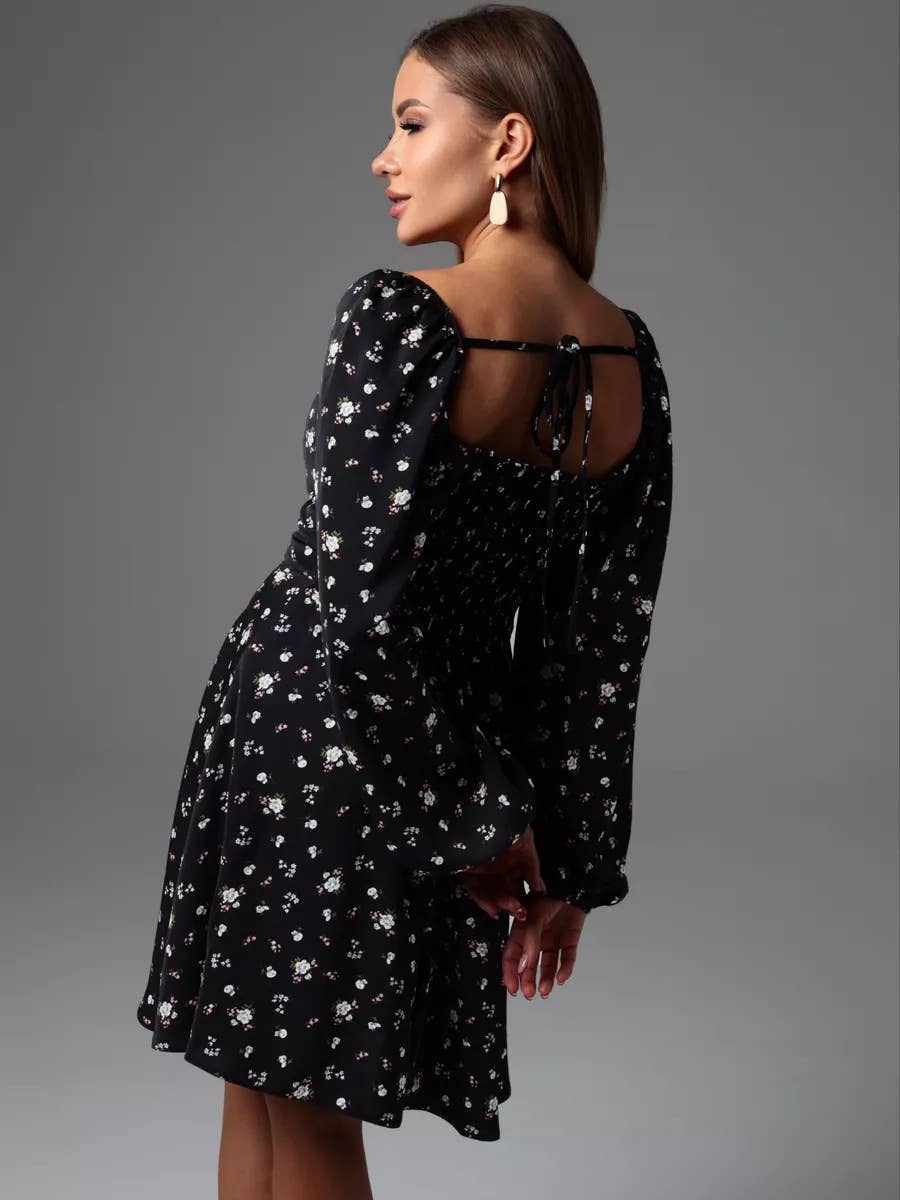 Puffed sleeve floral print lace-up dress