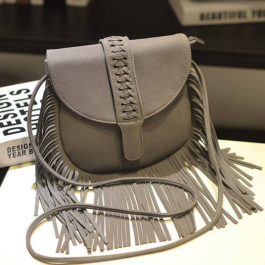 CWAB4563_BRAIDED BELT BUCKLE NUBUCK TASSEL SHOULDER BAG