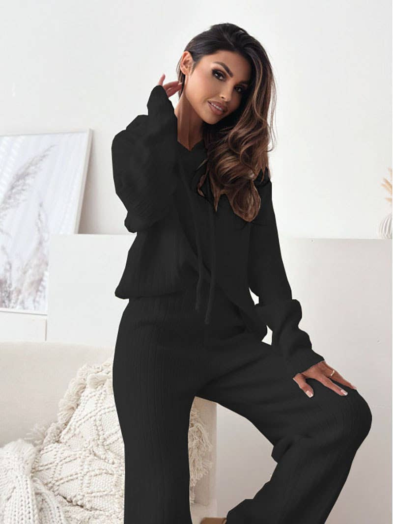 SOLID COLOR KNIT HOODED LOOSE TWO-PIECE SET