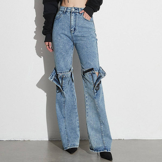 WOMENS PATCHWORK KNEE EXPOSED STRAIGHT LEG JEANS