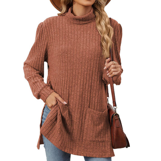 Half High Neck Long Sleeve Slit Pocket Shirt