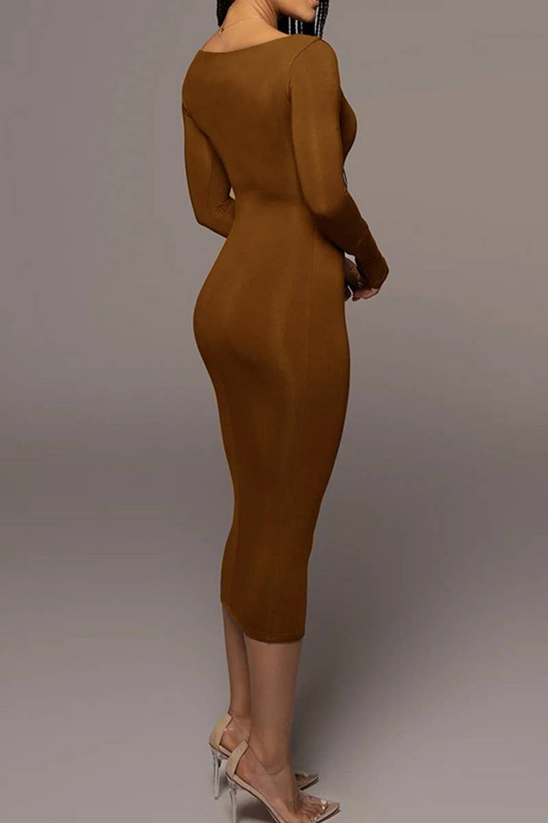 CWDMD4902_SOLID COLOR SLIM SQUARE NECK LONG SLEEVE DRESS