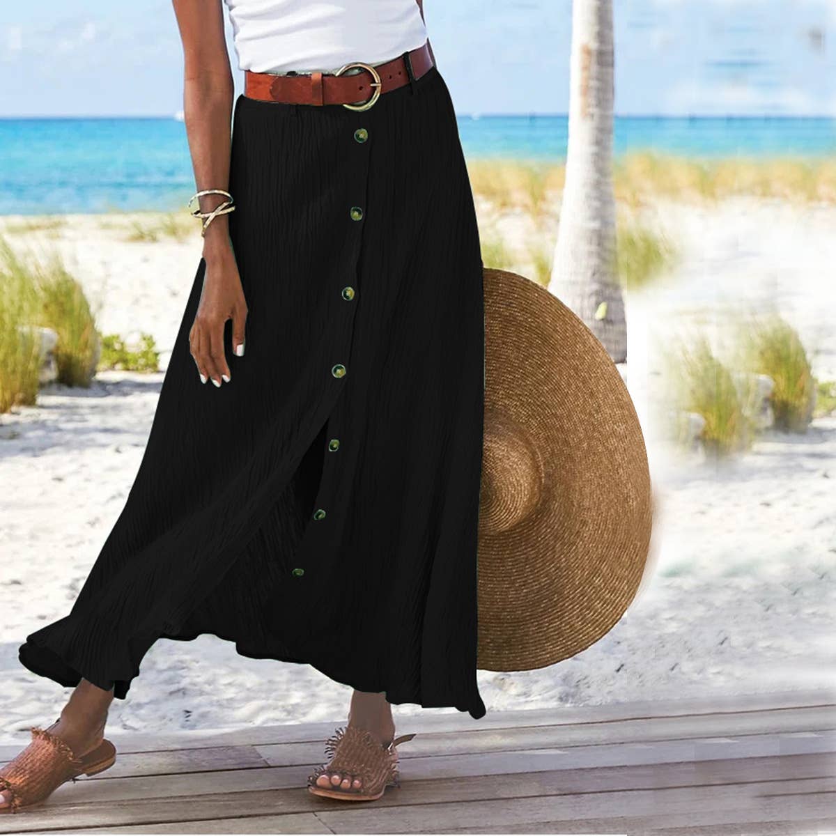 Slit A-line mid-waist single breasted long skirt