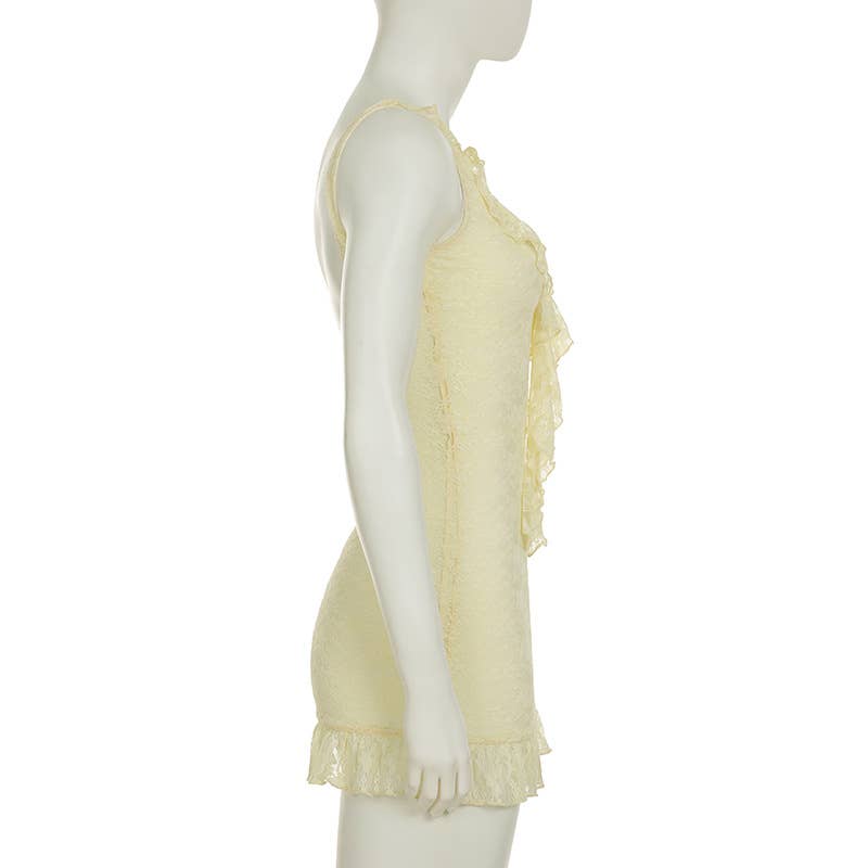 Sexy ruffled V-neck lace halter short dress