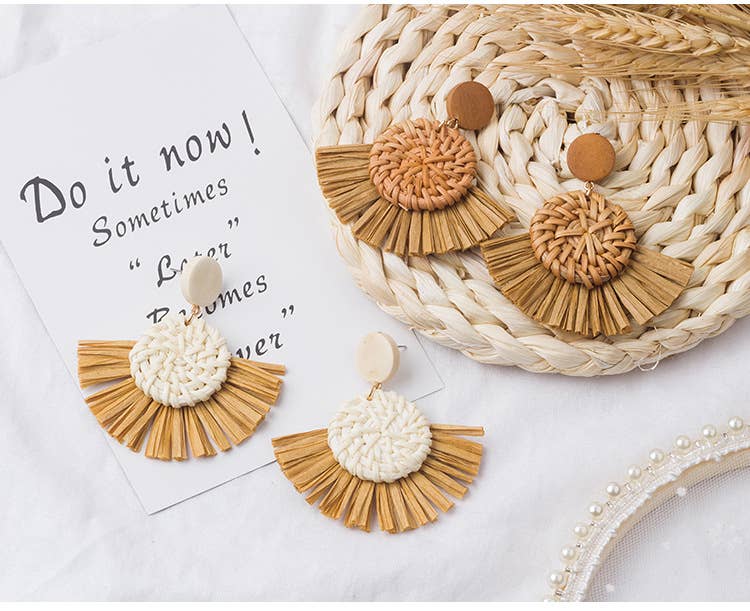 Hand-woven geometric rattan raffia earrings