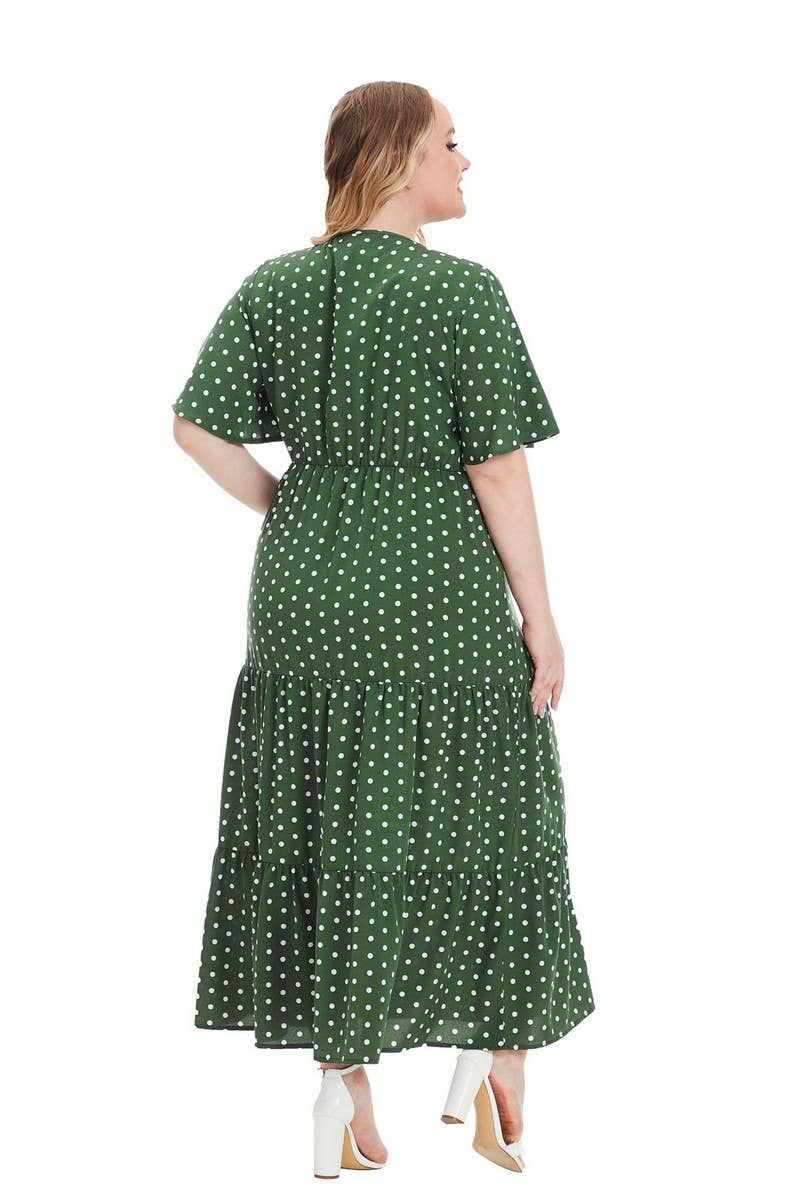 CWDMD3210_PLUS SIZE V-NECK POLKA DOT SHORT SLEEVE DRESS