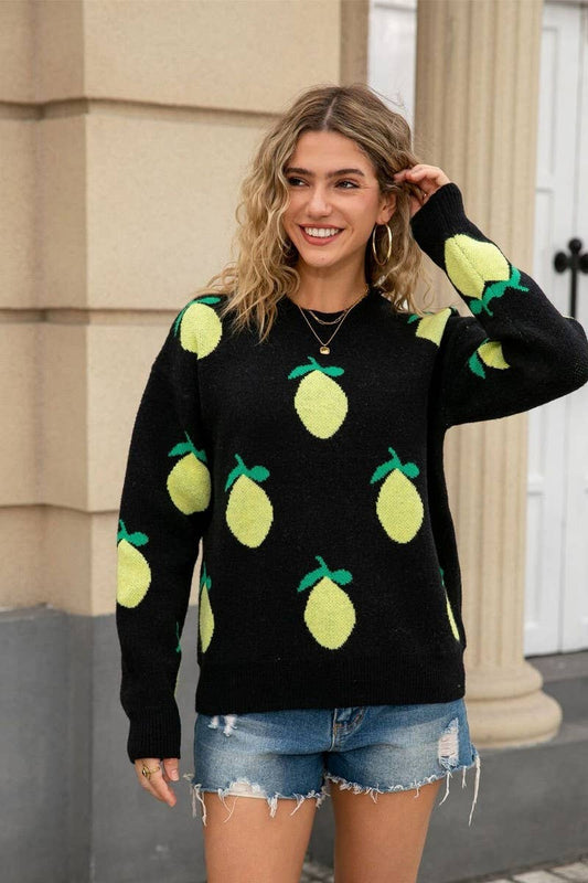 CWOSWL07604_LOOSE LEMON PRINT CREWNECK KNIT TOP