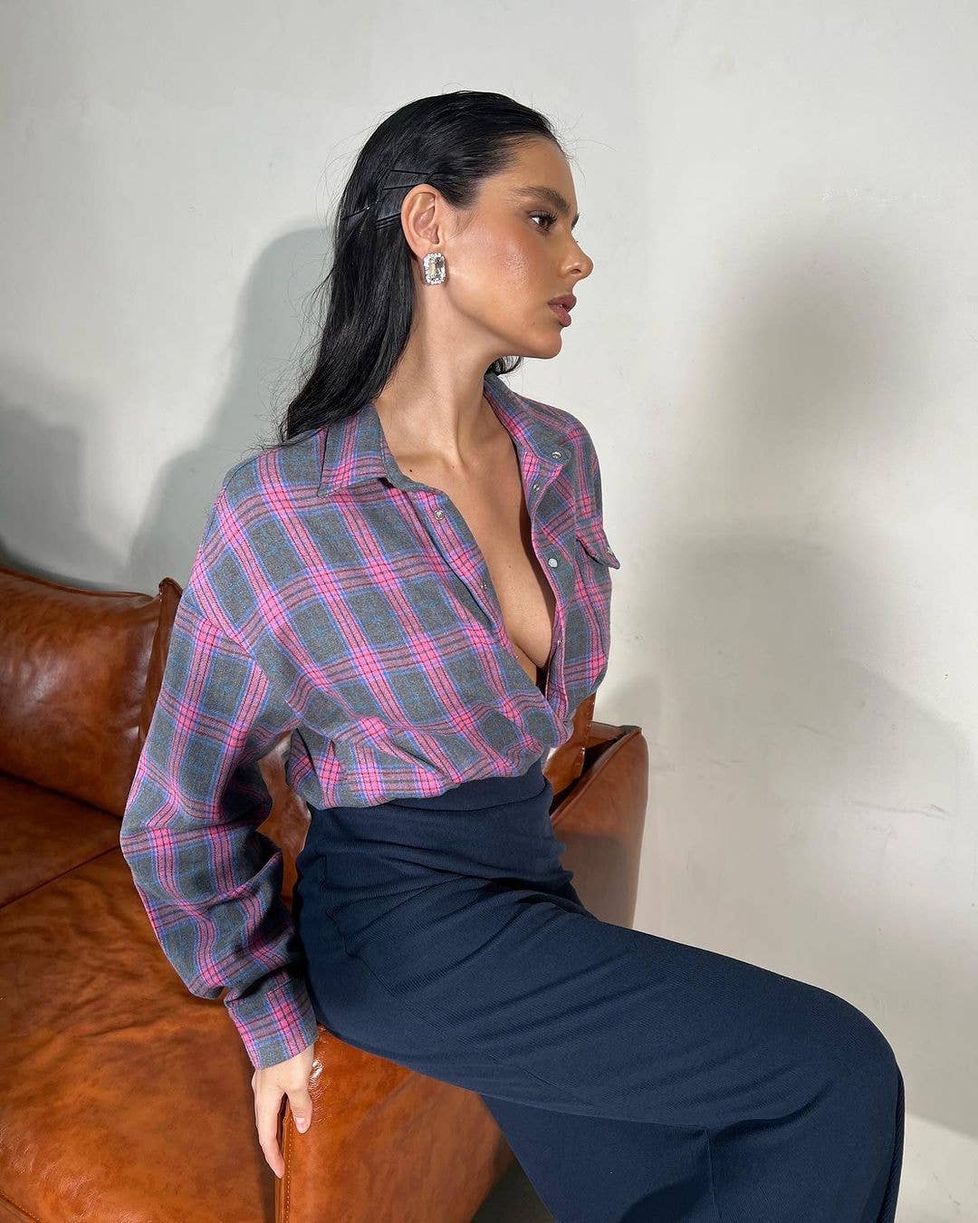 VINTAGE LOOK WITH LAPEL BAGGY PLAID SHIRT