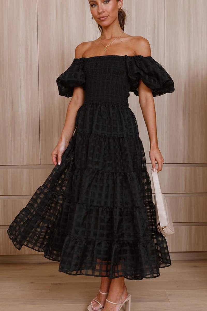 CWDMD5648_OFF SHOULDER LANTERN SLEEVE TIERED RUFFLE DRESS
