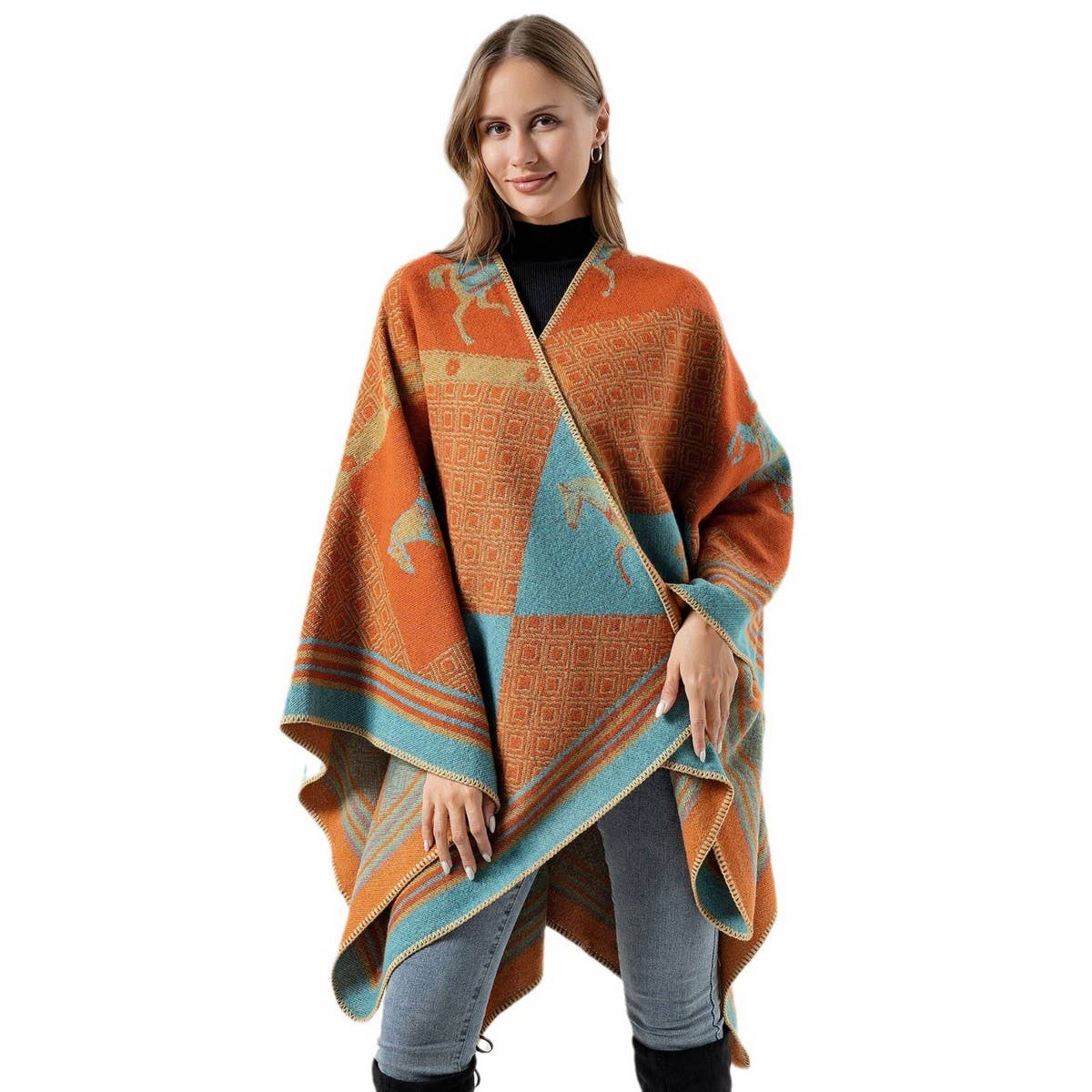 SHAWL RETRO HORSE PATTERN SCARF WARM SLIT CAPE